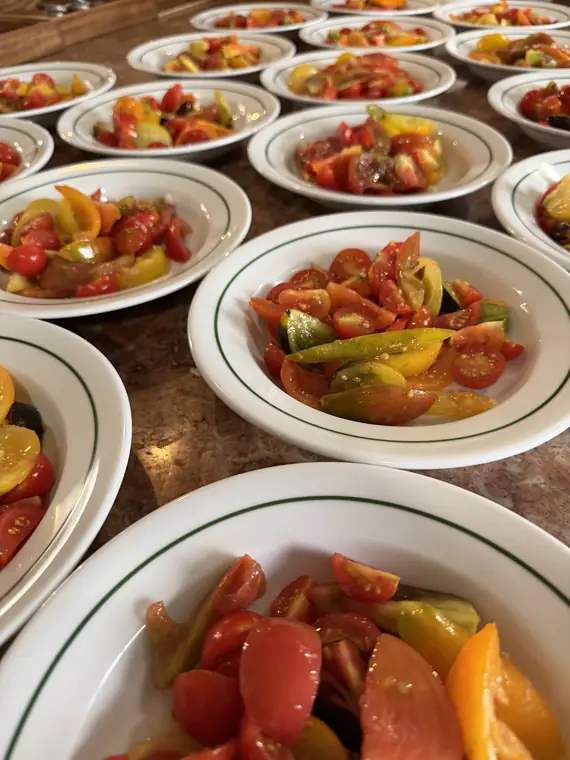 Vários pratos de salada de tomate de várias cores, vistos de cima.