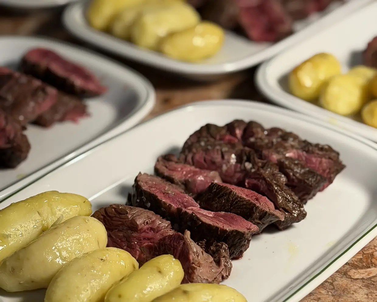 Travessas com vazia fatiada e batatas novas, prontas a servir à mesa.
