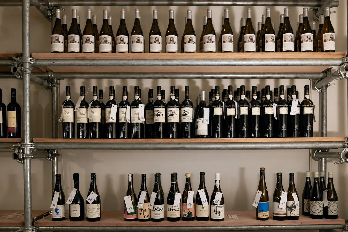 Prateleiras com garrafas de vinho alinhadas.